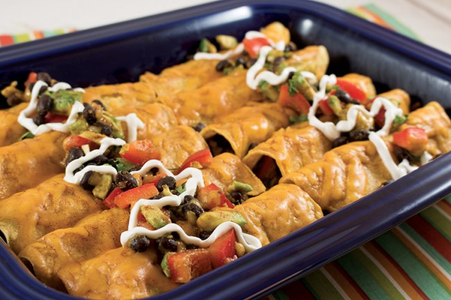 Pan of Avocado Black Bean Enchiladas