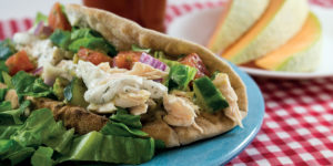 Chicken Ranch Pitas plated with side of cantaloupe