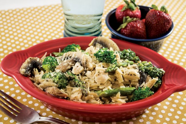 Bowl of Creamy Chicken and Broccoli Orzo