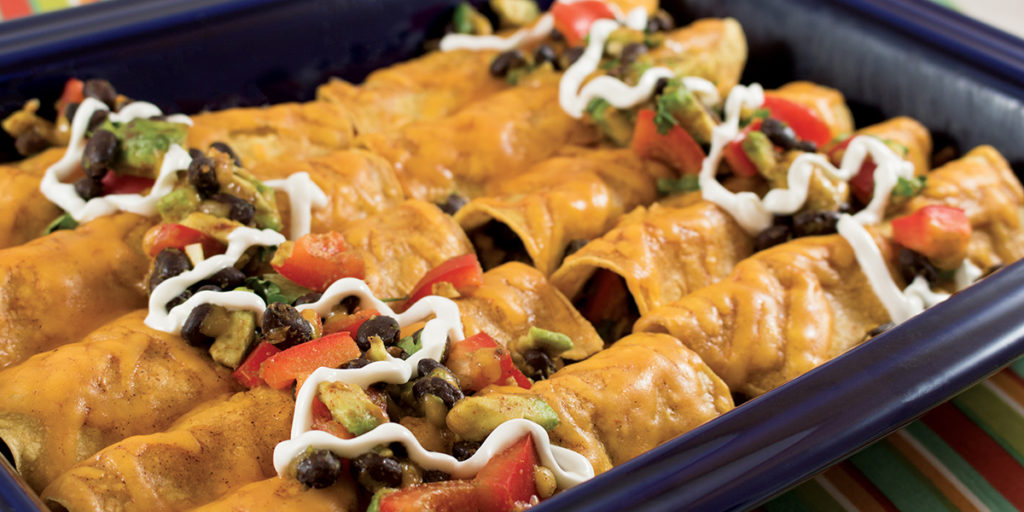 Pan of Avocado Black Bean Enchiladas