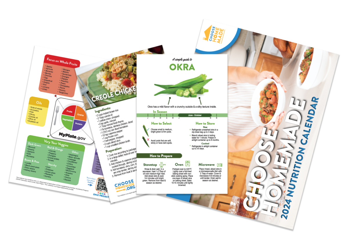 Several of ONIE's print materials are displayed together on a transparent background. The materials include the 2024 Nutrition calendar, a recipe how-to card, and a MyPlate classroom worksheet.